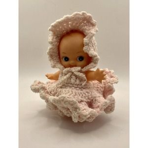 VINTAGE Mid Century Japan Kewpie Baby Doll Posable Pink Knitted Dress